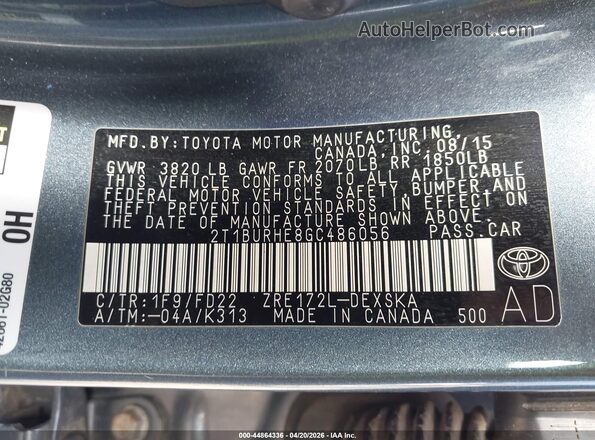2T1BURHE8GC486056 2016 TOYOTA LL Light Blue ძრავის განყოფილების ხედი
