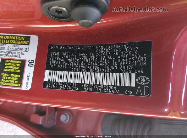 2T1BURHE8HC852406 2017 TOYOTA LL Red Engine compartment view