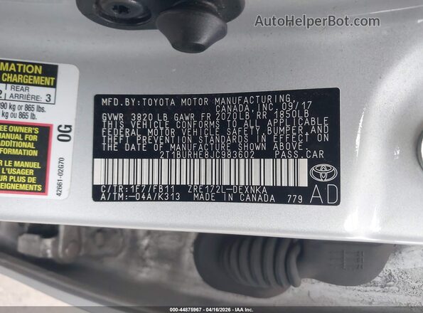 2T1BURHE8JC983602 2018 TOYOTA LL Серебряный Вид подкапотного пространства