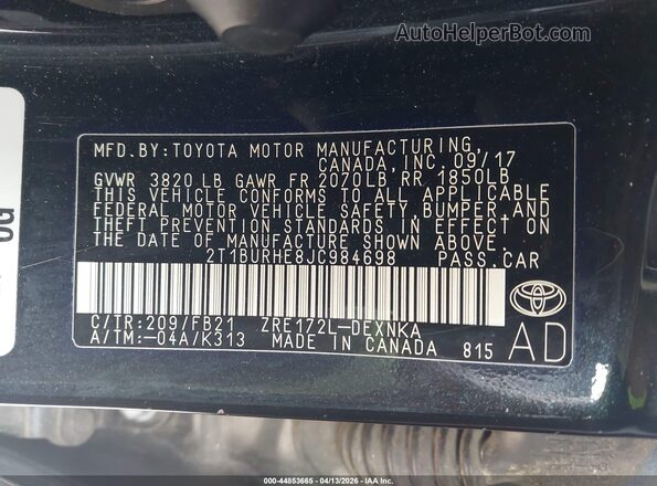 2T1BURHE8JC984698 2018 TOYOTA LL Black 