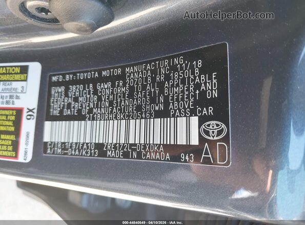 2T1BURHE8KC205463 2019 TOYOTA LL Blue 
