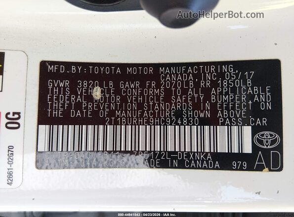 2T1BURHE9HC924830 2017 TOYOTA LL White Engine compartment view