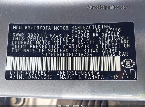 2T1BURHEXGC718754 2016 TOYOTA LL Silver Engine compartment view