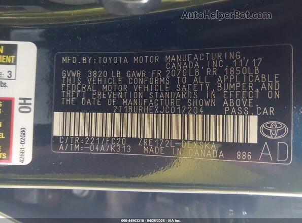 2T1BURHEXJC017204 2018 TOYOTA LL Blue Вид підкапотного простору