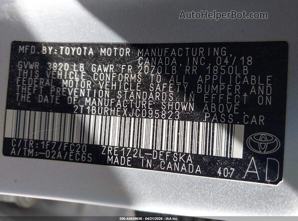 2T1BURHEXJC095823 2018 TOYOTA LL Серебряный Вид подкапотного пространства