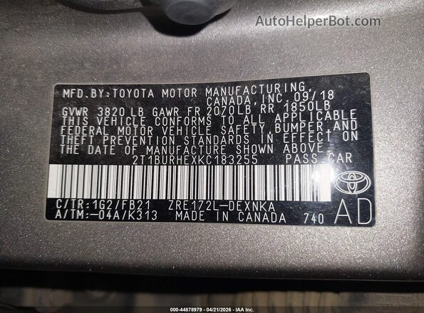 2T1BURHEXKC183255 2019 TOYOTA LL Gray ძრავის განყოფილების ხედი