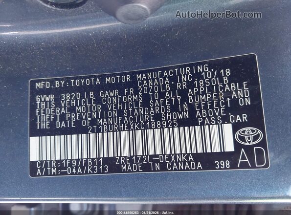 2T1BURHEXKC188925 2019 TOYOTA LL Gray Widok komory silnika