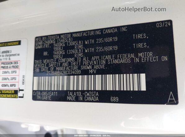 2T2BAMBA2RC034099 2024 LEXUS RX 350 White Շարժիչի բաժամունքի տեսք