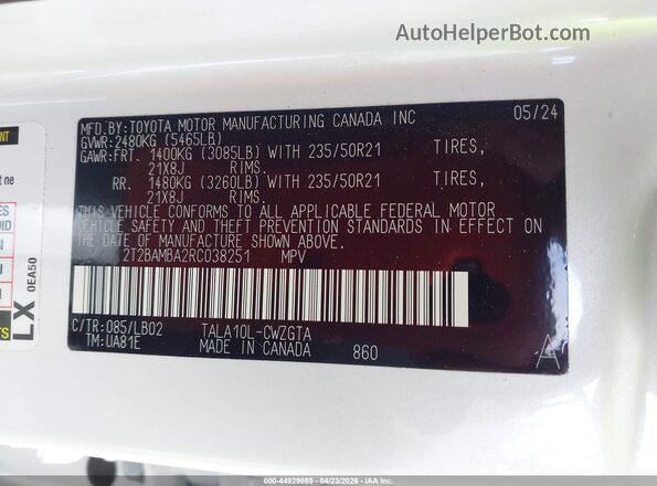 2T2BAMBA2RC038251 2024 LEXUS RX 350 White Engine compartment view