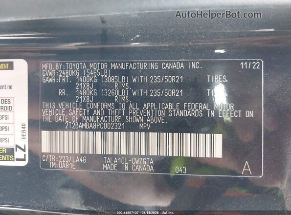 2T2BAMBA8PC002321 2023 LEXUS RX 350 Black Vista del compartimento del motor