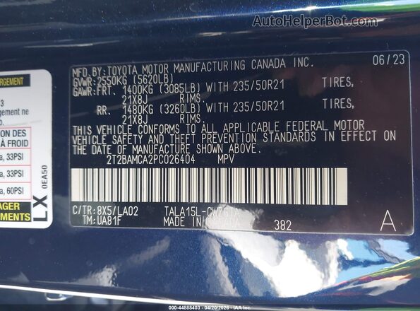 2T2BAMCA2PC026404 2023 LEXUS RX 350 Blue Շարժիչի բաժամունքի տեսք