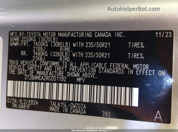 2T2BAMCA2RC051192 2024 LEXUS RX 350 Silver Вид підкапотного простору