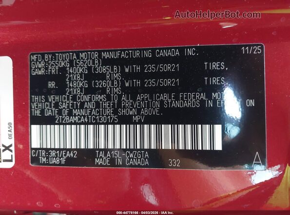 2T2BAMCA4TC130175 2026 LEXUS RX 350 Red Vista del compartimento del motor