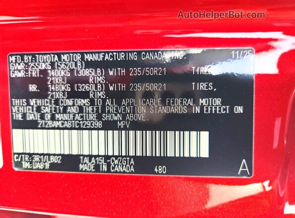 2T2BAMCA8TC129398 2026 LEXUS RX Red Вид наклейки з VIN-кодом