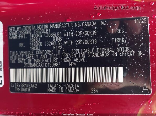 2T2BAMCAXTC130987 2026 LEXUS RX 350 Red Widok komory silnika
