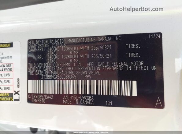 2T2BBMCA5SC068345 2025 LEXUS RX 350H White Вид підкапотного простору