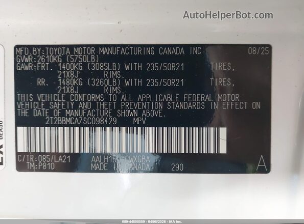 2T2BBMCA7SC098429 2025 LEXUS RX 350H White ძრავის განყოფილების ხედი