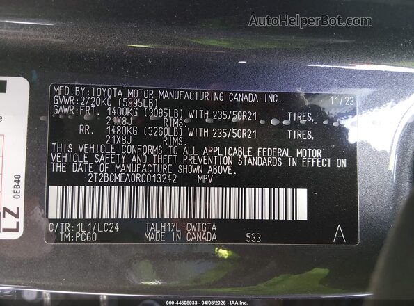 2T2BCMEA0RC013242 2024 LEXUS RX 500H Gray Engine compartment view