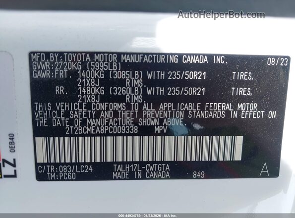 2T2BCMEA8PC009338 2023 LEXUS RX 500H White 