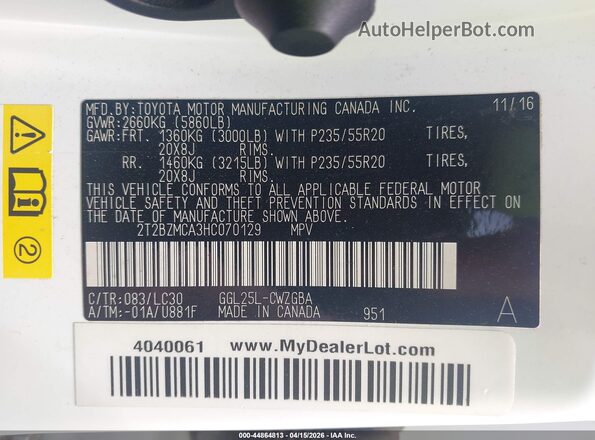 2T2BZMCA3HC070129 2017 LEXUS RX 350 White 