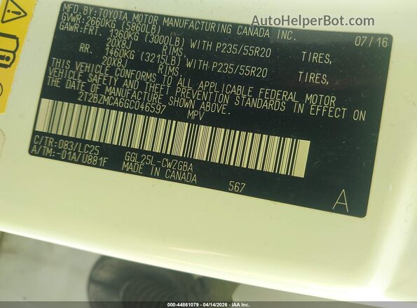 2T2BZMCA6GC046597 2016 LEXUS RX 350 White Engine compartment view