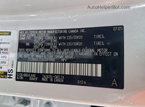 2T2HGCEZ5SC091990 2025 LEXUS NX White Vista de la etiqueta del VIN