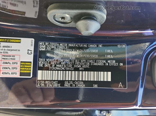 2T2HZMAA2MC194450 2021 LEXUS RX Blue Vista de la etiqueta del VIN