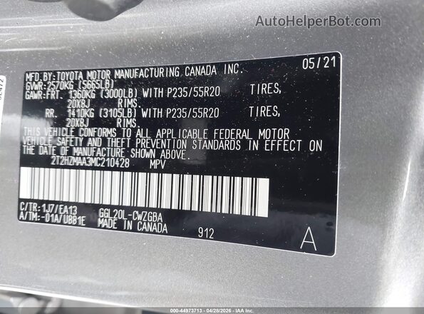 2T2HZMAA3MC210428 2021 LEXUS RX 350 Gray Engine compartment view