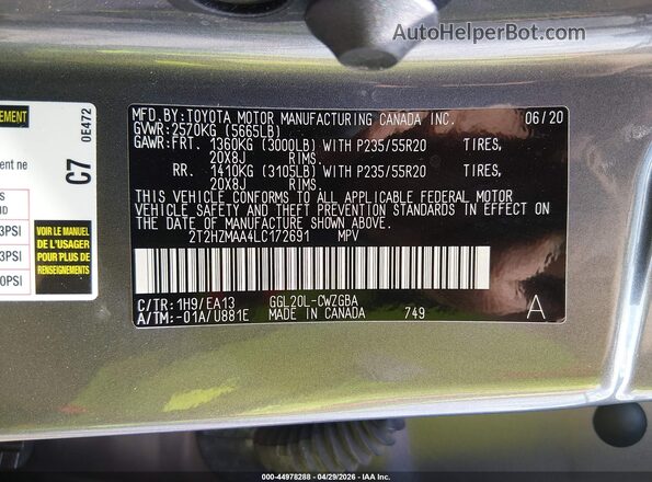 2T2HZMAA4LC172691 2020 LEXUS RX 350 Серый Вид подкапотного пространства