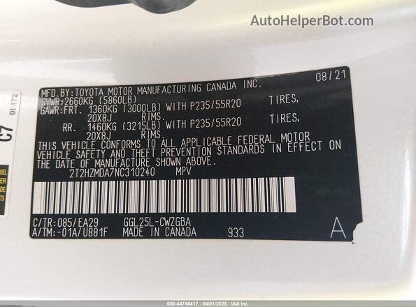 2T2HZMDA7NC310240 2022 LEXUS RX 350 White Widok komory silnika