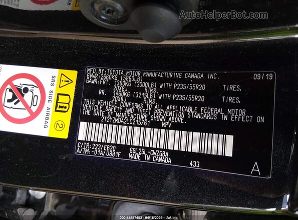 2T2YZMDA2LC215761 2020 LEXUS RX 350 Black ძრავის განყოფილების ხედი