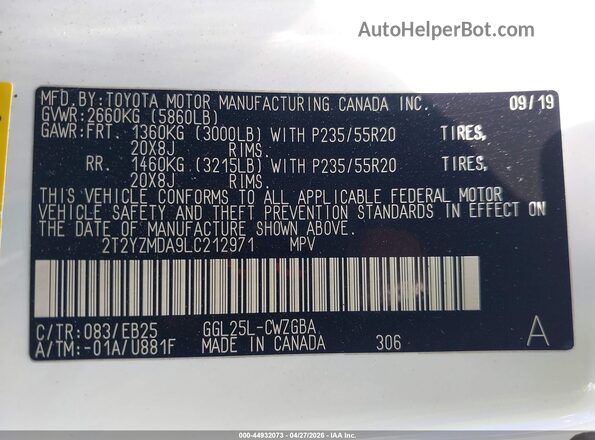 2T2YZMDA9LC212971 2020 LEXUS RX 350 Белый Вид подкапотного пространства