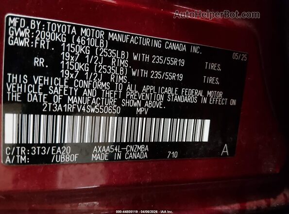 2T3A1RFV4SW550650 2025 TOYOTA LE Red Widok komory silnika