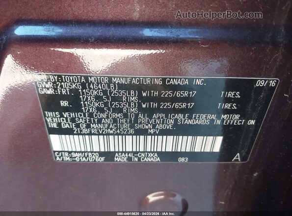 2T3BFREV2HW545236 2017 TOYOTA LE Burgundy Շարժիչի բաժամունքի տեսք