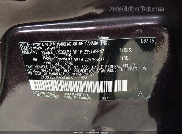 2T3BFREV4GW531675 2016 TOYOTA LE Burgundy Engine compartment view