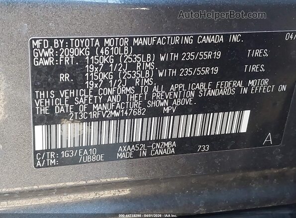 2T3C1RFV2MW147682 2021 TOYOTA LE Gray 