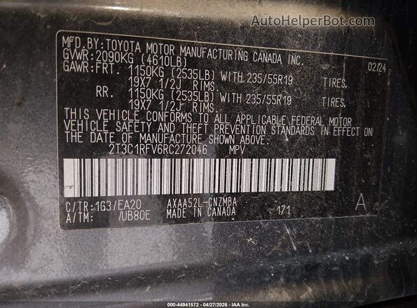 2T3C1RFV6RC272046 2024 TOYOTA LE Gray Widok komory silnika