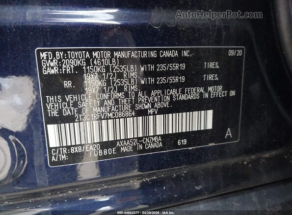 2T3C1RFV7MC086864 2021 TOYOTA LE Blue Շարժիչի բաժամունքի տեսք