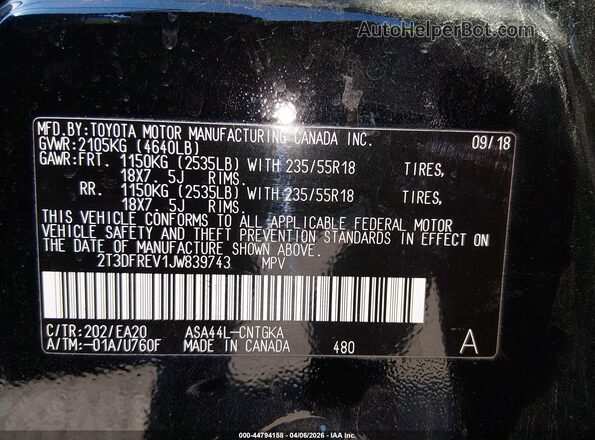 2T3DFREV1JW839743 2018 TOYOTA LIMITED Black Engine compartment view