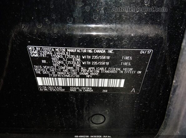 2T3DFREV2HW635799 2017 TOYOTA LIMITED Black Շարժիչի բաժամունքի տեսք