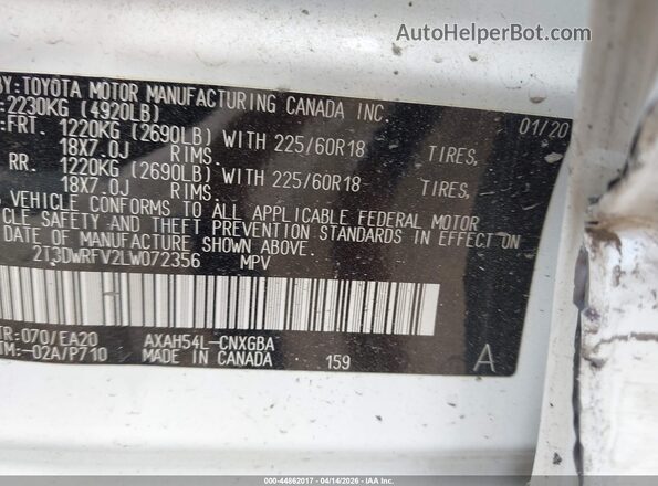 2T3DWRFV2LW072356 2020 TOYOTA LIMITED White Engine compartment view
