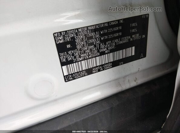 2T3DWRFV9LW056008 2020 TOYOTA LIMITED White Engine compartment view