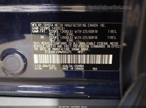2T3E6RFV9MW006375 2021 TOYOTA RAV4 HYBRID Blue Vista del compartimento del motor