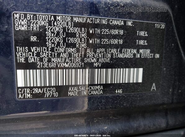 2T3E6RFVXMW006921 2021 TOYOTA RAV4 HYBRID Blue ძრავის განყოფილების ხედი