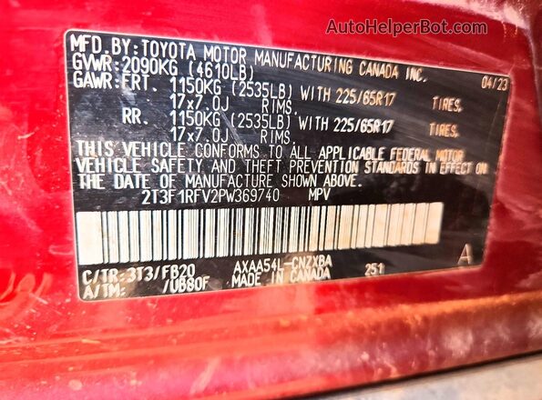 2T3F1RFV2PW369740 2023 TOYOTA LE Red VIN sticker view