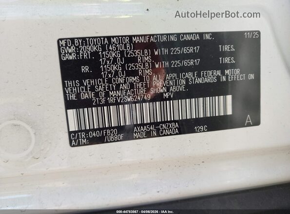 2T3F1RFV2SW624749 2025 TOYOTA LE White Engine compartment view