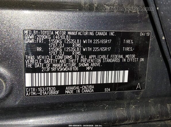 2T3F1RFV5KW048106 2019 TOYOTA LE Gray Շարժիչի բաժամունքի տեսք