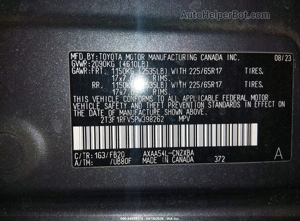 2T3F1RFV5PW398262 2023 TOYOTA LE Gray Engine compartment view