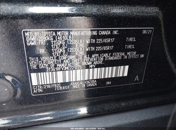 2T3G1RFV3MC221775 2021 TOYOTA LE Black Շարժիչի բաժամունքի տեսք