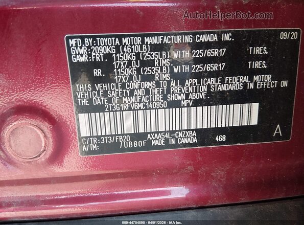 2T3G1RFV6MC140950 2021 TOYOTA LE Red 